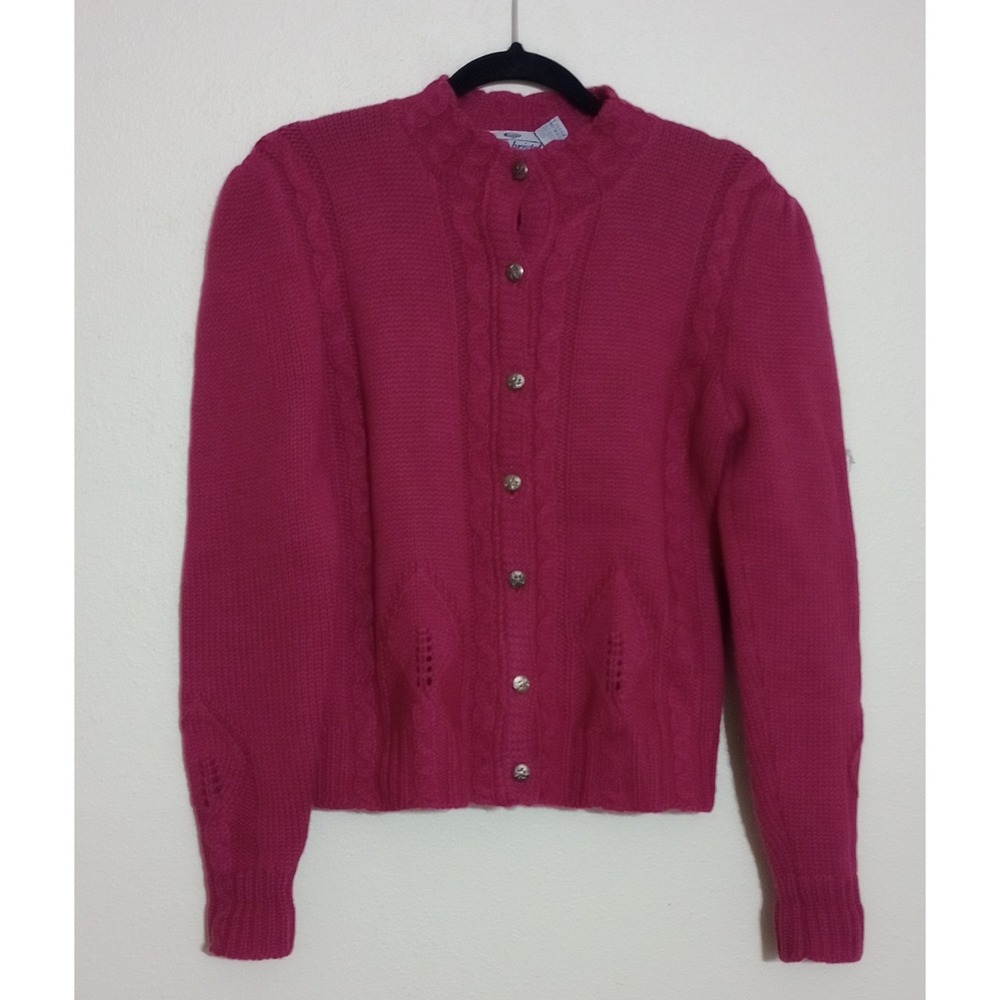 Susan Bristol Vintage Wool Cable Knit Cardigan Sweater Pink Crest Button Small